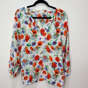 Joie 100% Silk Multi Floral Blouse Women M Poppies Bloom Artsy Airy Cottagecore